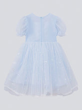 Young Girl Mesh Square Neckline Bow Detail Bow Bubble Sleeve Dress 2024 New Children Princess Dress Summer Skirt